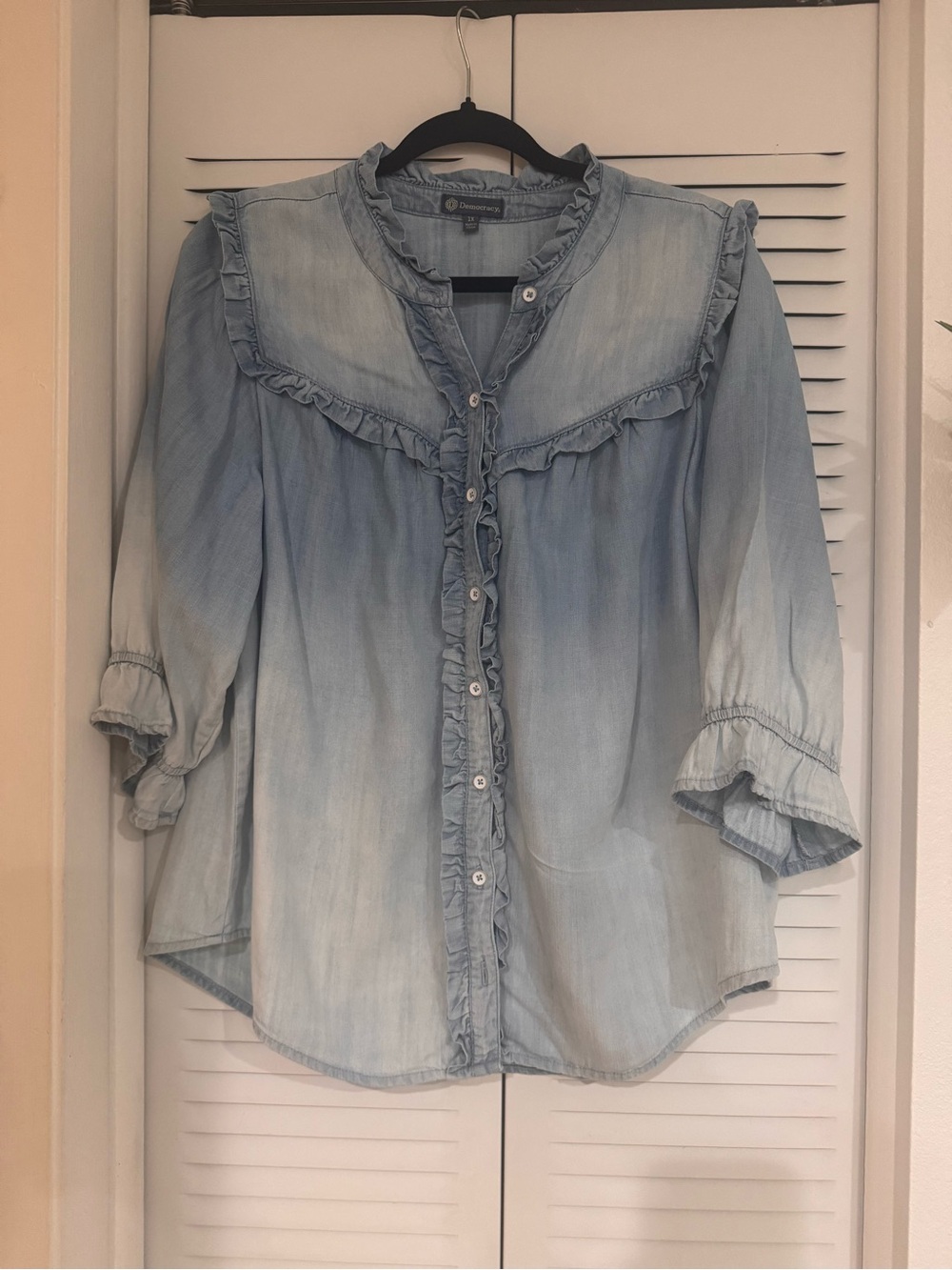 Democracy Light Wash Ruffle-Trim Denim Blouse - Women's Top